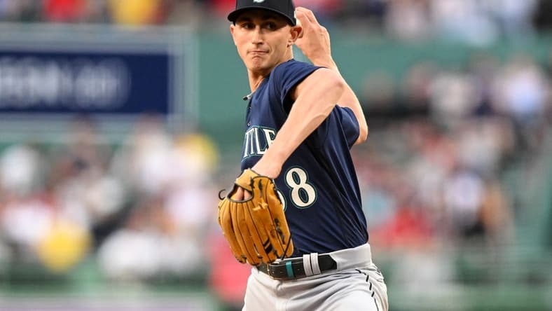 May 15, 2023; Boston, Massachusetts, USA; Seattle Mariners starting pitcher George Kirby (68) pitches against the Boston Red Sox during the first inning at Fenway Park. Mandatory Credit: Brian Fluharty-USA TODAY Sports