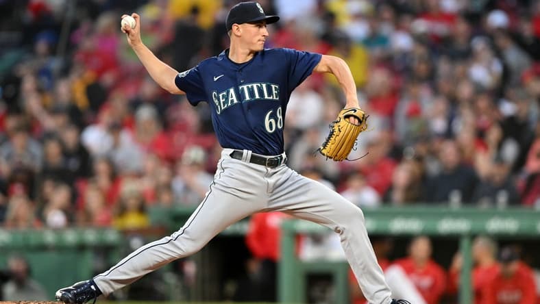 May 15, 2023; Boston, Massachusetts, USA; Seattle Mariners starting pitcher George Kirby (68) pitches against the Boston Red Sox during the third inning at Fenway Park. Mandatory Credit: Brian Fluharty-USA TODAY Sports