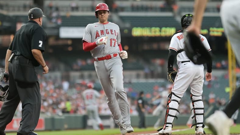 May 15, 2023; Baltimore, Maryland, USA; Los Angeles Angels starting pitcher Shohei Ohtani (17) scores in the third inning against the Baltimore Orioles at Oriole Park at Camden Yards. Mandatory Credit: Tommy Gilligan-USA TODAY Sports