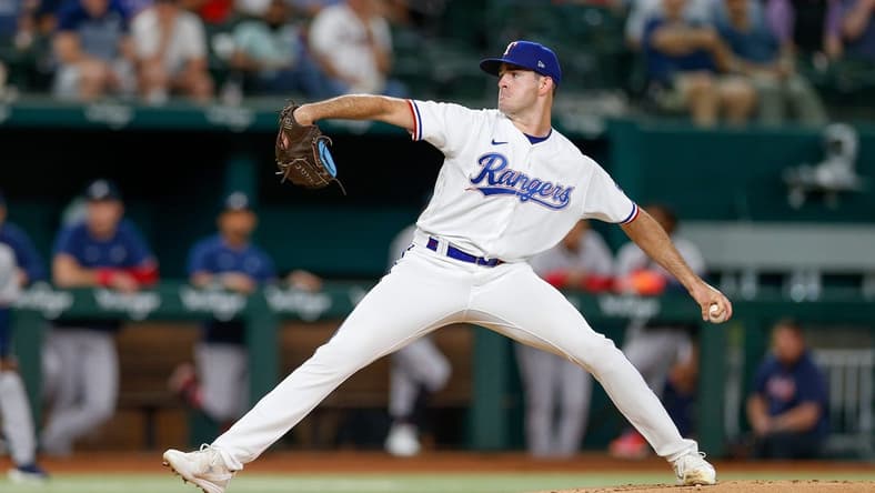 May 15, 2023; Arlington, Texas, USA; Texas Rangers pitcher Cody Bradford (61) throws during the first inning against the Atlanta Braves at Globe Life Field. Mandatory Credit: Andrew Dieb-USA TODAY Sports