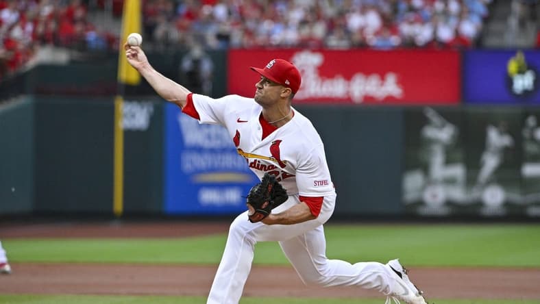 May 15, 2023; St. Louis, Missouri, USA; St. Louis Cardinals starting pitcher Jack Flaherty (22) pitches against the Milwaukee Brewers during the first inning at Busch Stadium. Mandatory Credit: Jeff Curry-USA TODAY Sports