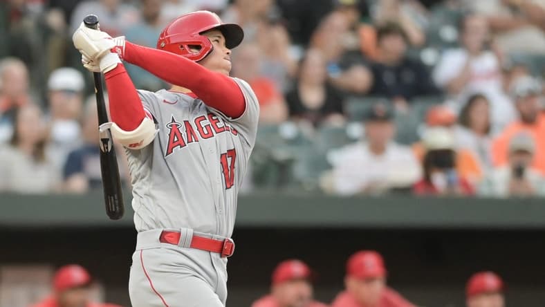 May 15, 2023; Baltimore, Maryland, USA; Los Angeles Angels starting pitcher Shohei Ohtani (17) hits a three run home run against the Baltimore Orioles in the third inning at Oriole Park at Camden Yards. Mandatory Credit: Tommy Gilligan-USA TODAY Sports