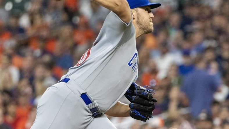 May 15, 2023; Houston, Texas, USA; Chicago Cubs starting pitcher Jameson Taillon (50) pitches against the Houston Astros in the first inning at Minute Maid Park. Mandatory Credit: Thomas Shea-USA TODAY Sports