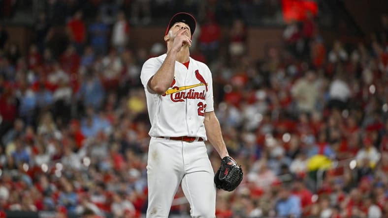 May 15, 2023; St. Louis, Missouri, USA; St. Louis Cardinals starting pitcher Jack Flaherty (22) reacts after getting the third out in the seventh inning against the Milwaukee Brewers at Busch Stadium. Mandatory Credit: Jeff Curry-USA TODAY Sports