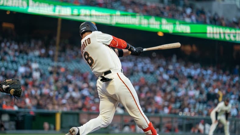 May 15, 2023; San Francisco, California, USA; San Francisco Giants right fielder Michael Conforto (8) hits a three-run home run during the second inning against the Philadelphia Phillies at Oracle Park. Mandatory Credit: Neville E. Guard-USA TODAY Sports