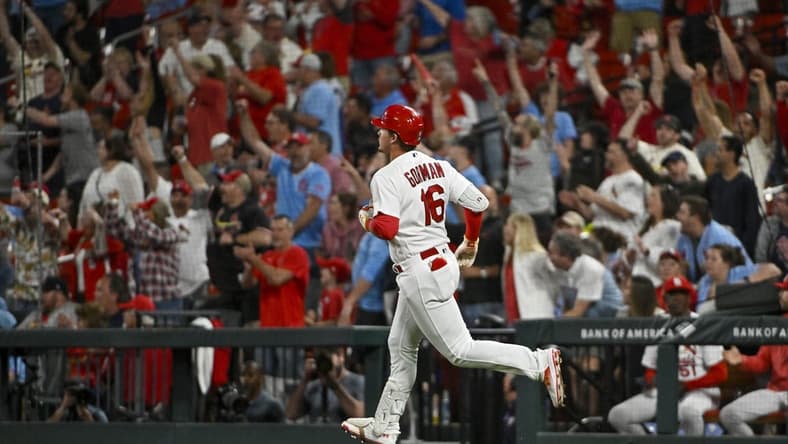 May 15, 2023; St. Louis, Missouri, USA; St. Louis Cardinals designated hitter Nolan Gorman (16) hits a three run home run against the Milwaukee Brewers during the eighth inning at Busch Stadium. Mandatory Credit: Jeff Curry-USA TODAY Sports