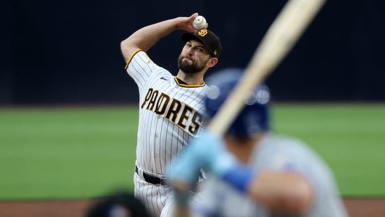 May 15, 2023; San Diego, California, USA; San Diego Padres starting pitcher Michael Wacha (52) throws a pitch during the second inning against the Kansas City Royals at Petco Park. Mandatory Credit: Kiyoshi Mio-USA TODAY Sports