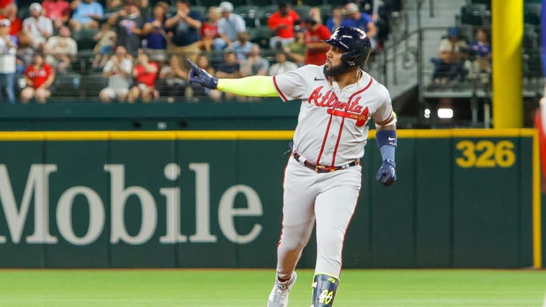 May 15, 2023; Arlington, Texas, USA; Atlanta Braves designated hitter Marcell Ozuna (20) circles the bases after hitting a two-run home run during the ninth inning against the Texas Rangers at Globe Life Field. Mandatory Credit: Andrew Dieb-USA TODAY Sports