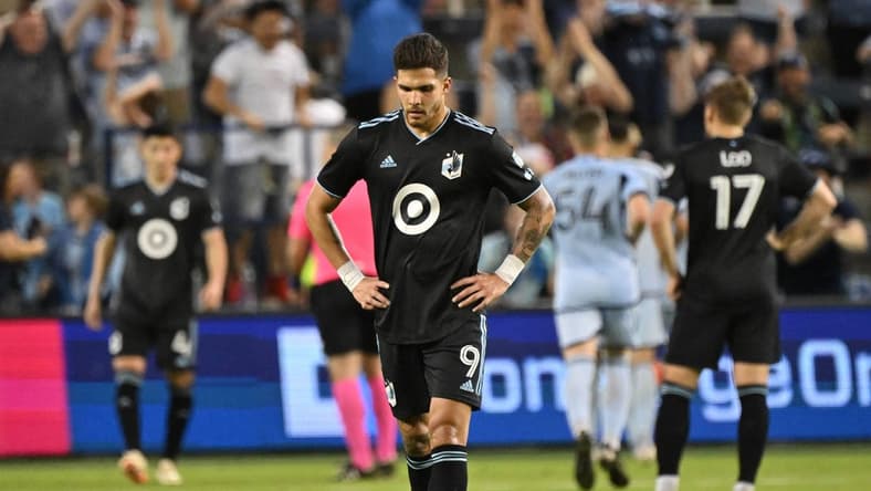 May 13, 2023; Kansas City, Kansas, USA; Minnesota United forward Luis Amarilla (9) reacts after Sporting Kansas City scores a goal in the second half at Children's Mercy Park. Mandatory Credit: Peter Aiken-USA TODAY Sports