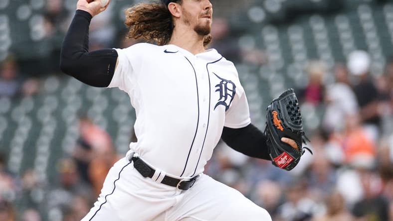 May 16, 2023; Detroit, Michigan, USA; Detroit Tigers starting pitcher Michael Lorenzen (21) during the first inning against the Pittsburgh Pirates at Comerica Park. Mandatory Credit: Tim Fuller-USA TODAY Sports