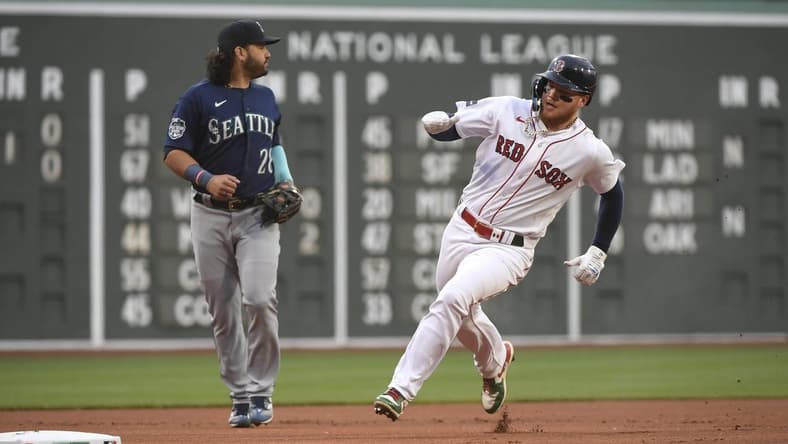 May 16, 2023; Boston, Massachusetts, USA; Boston Red Sox right fielder Alex Verdugo (99) rounds third base during the first inning against the Seattle Mariners at Fenway Park. Mandatory Credit: Bob DeChiara-USA TODAY Sports