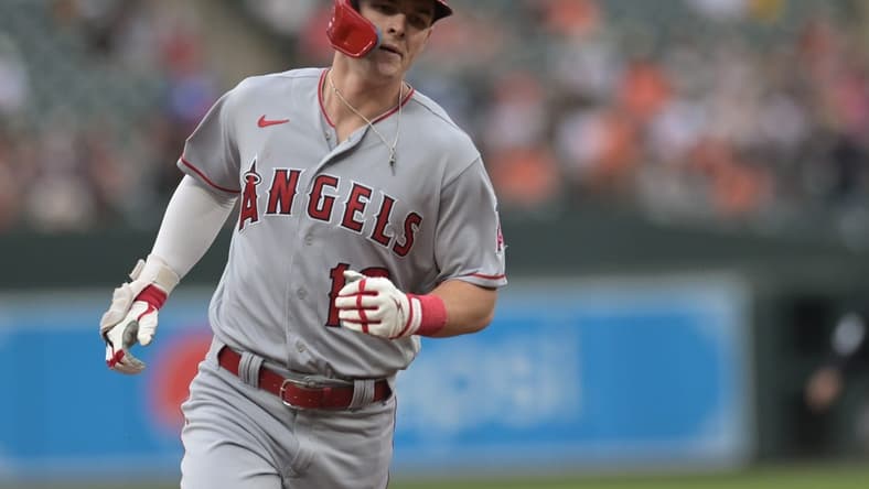 May 16, 2023; Baltimore, Maryland, USA; Los Angeles Angels center fielder Mickey Moniak (16) rounds the bases after hitting a solo home run in the first inning against the Baltimore Orioles at Oriole Park at Camden Yards. Mandatory Credit: Tommy Gilligan-USA TODAY Sports