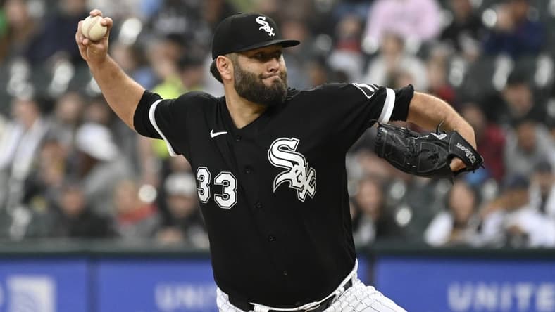 May 16, 2023; Chicago, Illinois, USA; Chicago White Sox starting pitcher Lance Lynn (33) delivers against the Cleveland Guardians during the first inning at Guaranteed Rate Field. Mandatory Credit: Matt Marton-USA TODAY Sports