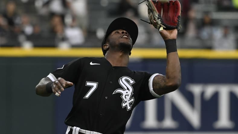 May 16, 2023; Chicago, Illinois, USA; Chicago White Sox shortstop Tim Anderson (7) catches a fly ball hit by Cleveland Guardians left fielder Steven Kwan (not pictured) during the first inning at Guaranteed Rate Field. Mandatory Credit: Matt Marton-USA TODAY Sports