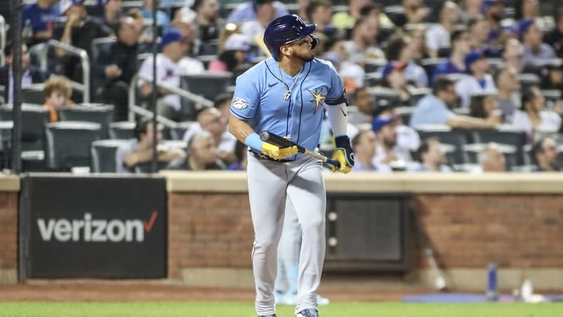 May 16, 2023; New York City, New York, USA; Tampa Bay Rays third baseman Isaac Paredes (17) hits a two run home run in the fifth inning against the New York Mets at Citi Field. Mandatory Credit: Wendell Cruz-USA TODAY Sports