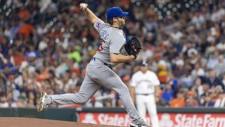 May 16, 2023; Houston, Texas, USA;  Chicago Cubs starting pitcher Justin Steele (35) pitches against the Houston Astros in the first inning at Minute Maid Park. Mandatory Credit: Thomas Shea-USA TODAY Sports