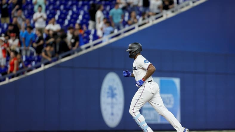 May 16, 2023; Miami, Florida, USA; Miami Marlins designated hitter Jorge Soler (12) circles the bases after hitting a two-run home run against the Washington Nationals during the ninth inning at loanDepot Park. Mandatory Credit: Sam Navarro-USA TODAY Sports