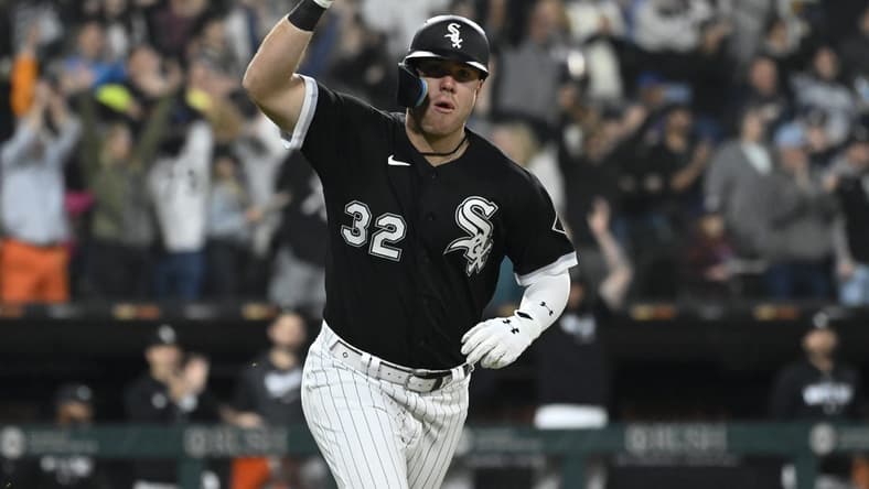 May 16, 2023; Chicago, Illinois, USA; Chicago White Sox designated hitter Gavin Sheets (32) after he hits a three run home run against the Cleveland Guardians during the fifth inning at Guaranteed Rate Field. Mandatory Credit: Matt Marton-USA TODAY Sports