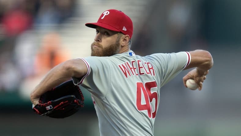May 16, 2023; San Francisco, California, USA; Philadelphia Phillies starting pitcher Zack Wheeler (45) delivers a pitch against the San Francisco Giants during the first inning at Oracle Park. Mandatory Credit: D. Ross Cameron-USA TODAY Sports