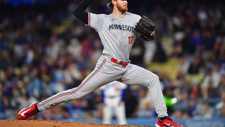 May 16, 2023; Los Angeles, California, USA; Minnesota Twins starting pitcher Bailey Ober (17) throws against the Los Angeles Dodgers during the fourth inning at Dodger Stadium. Mandatory Credit: Gary A. Vasquez-USA TODAY Sports