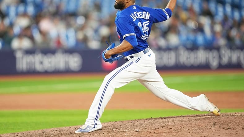 May 15, 2023; Toronto, Ontario, CAN; Toronto Blue Jays relief pitcher Jay Jackson (35) throws a pitch against the New York Yankees during the eighth inning at Rogers Centre. Mandatory Credit: Nick Turchiaro-USA TODAY Sports