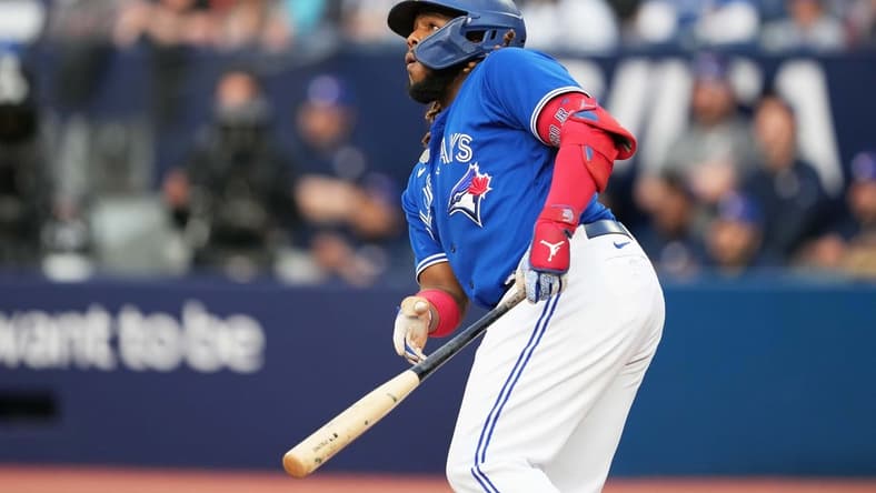May 15, 2023; Toronto, Ontario, CAN; Toronto Blue Jays designated hitter Vladimir Guerrero Jr. (27) against the New York Yankees during the first inning at Rogers Centre. Mandatory Credit: Nick Turchiaro-USA TODAY Sports