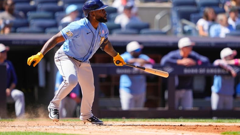 May 14, 2023; Bronx, New York, USA; Tampa Bay Rays left fielder Randy Arozarena (56) against the New York Yankees during the fifth inning at Yankee Stadium. Mandatory Credit: Gregory Fisher-USA TODAY Sports