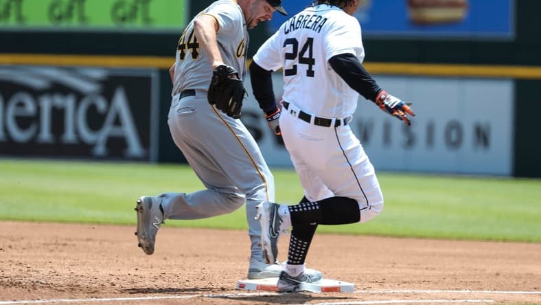 Detroit Tigers designated hitter Miguel Cabrera (24) is grounded out to first base by Pittsburgh Pirates pitcher Rich Hill (44) during the second inning at Comerica Park in Detroit on Wednesday, May 17, 2023.