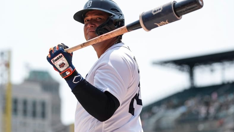 Tigers designated hitter Miguel Cabrera gets ready to bat against the Pirates during the fifth inning of the Tigers' 8-0 loss on Wednesday, May 17, 2023, at Comerica Park.
