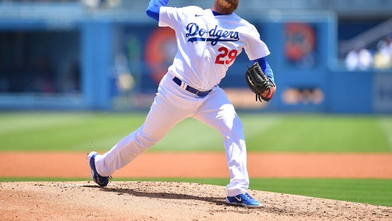 May 17, 2023; Los Angeles, California, USA; Los Angeles Dodgers relief pitcher Dylan Covey (29) throws against the Minnesota Twins during the second inning at Dodger Stadium. Mandatory Credit: Gary A. Vasquez-USA TODAY Sports