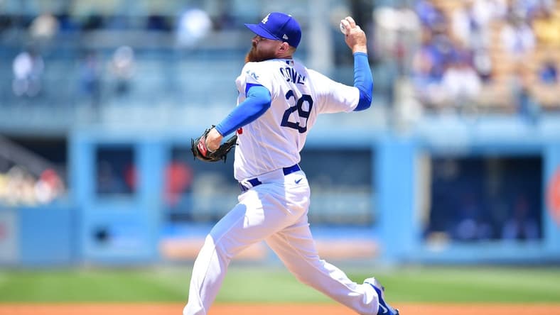 May 17, 2023; Los Angeles, California, USA; Los Angeles Dodgers relief pitcher Dylan Covey (29) throws against the Minnesota Twins during the fourth inning at Dodger Stadium. Mandatory Credit: Gary A. Vasquez-USA TODAY Sports