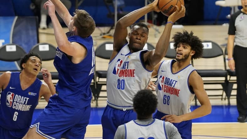 May 17, 2023; Chicago, Il, USA; Oscar Tshiebwe (80) grabs a rebound during the 2023 NBA Draft Combine at Wintrust Arena. Mandatory Credit: David Banks-USA TODAY Sports