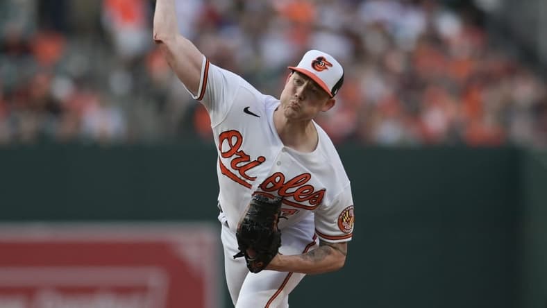 May 17, 2023; Baltimore, Maryland, USA; Baltimore Orioles starting pitcher Kyle Bradish (39) throws a second inning pitch against the Los Angeles Angels  at Oriole Park at Camden Yards. Mandatory Credit: Tommy Gilligan-USA TODAY Sports