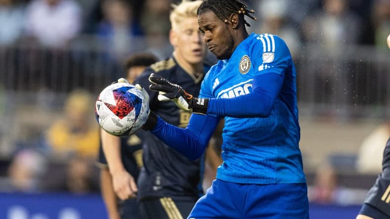 May 17, 2023; Philadelphia, Pennsylvania, USA; Philadelphia Union goalkeeper Andre Blake (18) makes a save against D.C. United during the first half at Subaru Park. Mandatory Credit: Bill Streicher-USA TODAY Sports