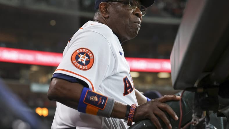 May 17, 2023; Houston, Texas, USA; Houston Astros manager Dusty Baker Jr. (12) looks on from the dugout during the first inning against the Chicago Cubs at Minute Maid Park. Mandatory Credit: Troy Taormina-USA TODAY Sports