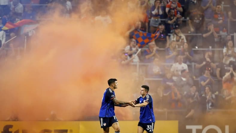 May 17, 2023; Cincinnati, Ohio, USA; FC Cincinnati forward Brandon Vazquez (19) reacts after scoring a goal against CF Montreal during the second half at TQL Stadium. Mandatory Credit: Katie Stratman-USA TODAY Sports