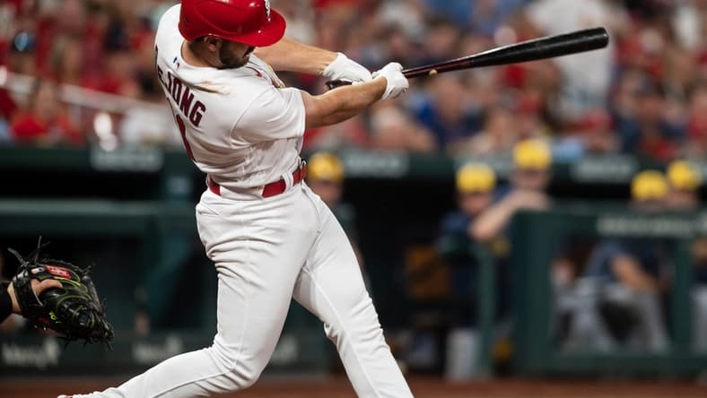 May 17, 2023; St. Louis, Missouri, USA; St. Louis Cardinals shortstop Paul DeJong (11) hits a home run in the sixth inning at Busch Stadium. Mandatory Credit: Paul Halfacre-USA TODAY Sports