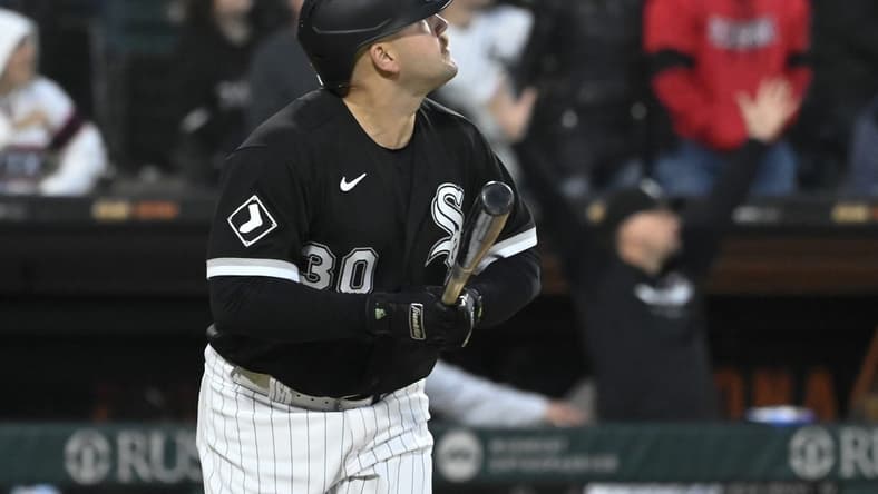 May 17, 2023; Chicago, Illinois, USA; Chicago White Sox third baseman Jake Burger (30) hits a two-run home run against the Cleveland Guardians during the fourth inning at Guaranteed Rate Field. Mandatory Credit: Matt Marton-USA TODAY Sports