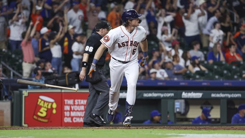 May 17, 2023; Houston, Texas, USA; Houston Astros center fielder Jake Meyers (6) hits a home run during the ninth inning against the Chicago Cubs at Minute Maid Park. Mandatory Credit: Troy Taormina-USA TODAY Sports