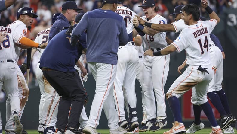 May 17, 2023; Houston, Texas, USA; Houston Astros center fielder Jake Meyers (6) celebrates with teammates after the Astros defeated the Chicago Cubs at Minute Maid Park. Mandatory Credit: Troy Taormina-USA TODAY Sports