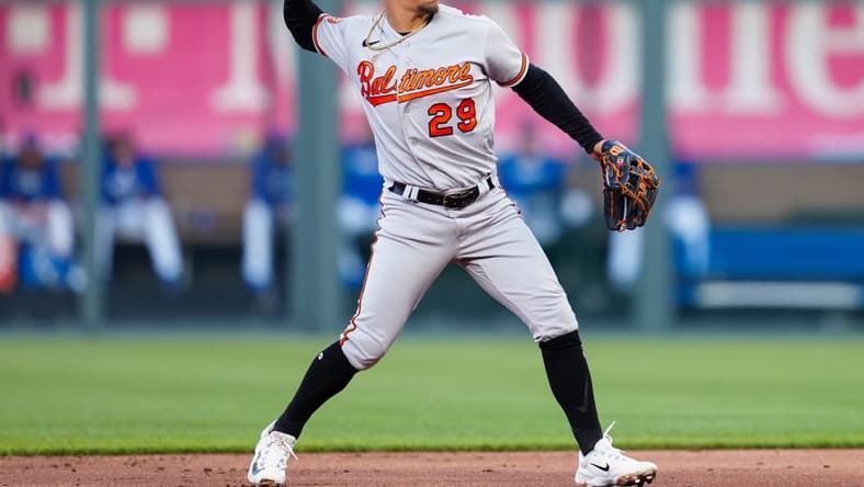 May 2, 2023; Kansas City, Missouri, USA; Baltimore Orioles third baseman Ramon Urias (29) throws to first base during the second inning against the Kansas City Royals at Kauffman Stadium. Mandatory Credit: Jay Biggerstaff-USA TODAY Sports