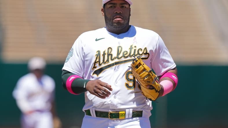 May 14, 2023; Oakland, California, USA; Oakland Athletics first baseman Jesus Aguilar (99) during the third inning against the Texas Rangers at Oakland-Alameda County Coliseum. Mandatory Credit: Darren Yamashita-USA TODAY Sports