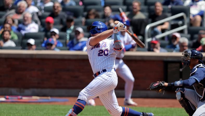 May 18, 2023; New York City, New York, USA; New York Mets first baseman Pete Alonso (20) follows through on a solo home run against the Tampa Bay Rays during the fourth inning at Citi Field. Mandatory Credit: Brad Penner-USA TODAY Sports
