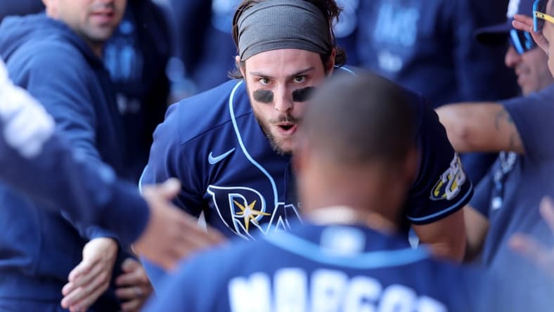 May 18, 2023; New York City, New York, USA; Tampa Bay Rays right fielder Josh Lowe (15) celebrates in the dugout with teammates after hitting a solo home run against the New York Mets during the sixth inning at Citi Field. Mandatory Credit: Brad Penner-USA TODAY Sports