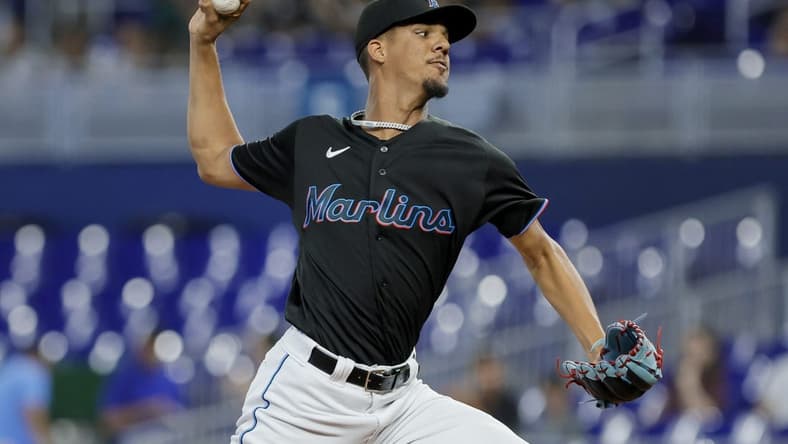May 18, 2023; Miami, Florida, USA; Miami Marlins starting pitcher Eury Perez (39) delivers a pitch against the Washington Nationals during the first inning at loanDepot Park. Mandatory Credit: Sam Navarro-USA TODAY Sports
