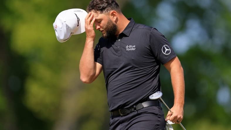May 18, 2023; Rochester, New York, USA; Jon Rahm reacts after a putt on the ninth green during the first round of the PGA Championship golf tournament at Oak Hill Country Club. Mandatory Credit: Aaron Doster-USA TODAY Sports