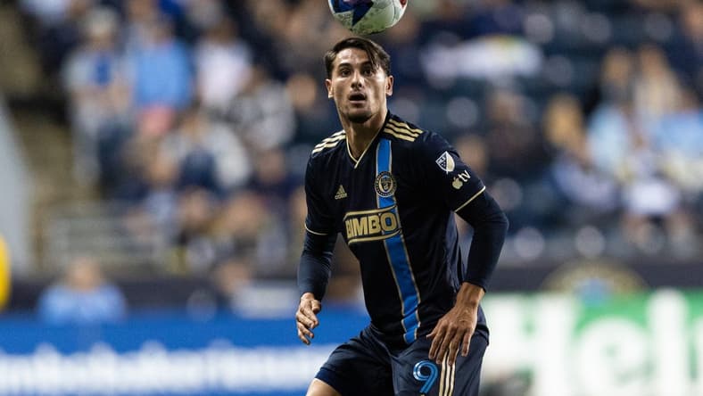 May 17, 2023; Philadelphia, Pennsylvania, USA; Philadelphia Union forward Julian Carranza (9) in action against D.C. United during the first half at Subaru Park. Mandatory Credit: Bill Streicher-USA TODAY Sports