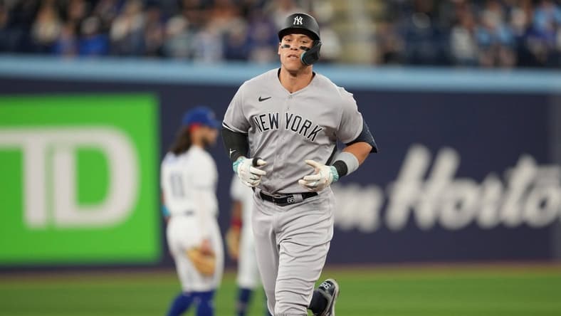 May 18, 2023; Toronto, Ontario, CAN; New York Yankees designated hitter Aaron Judge (99) runs the bases after hitting a two run home run against the Toronto Blue Jays during the first inning at Rogers Centre. Mandatory Credit: Nick Turchiaro-USA TODAY Sports
