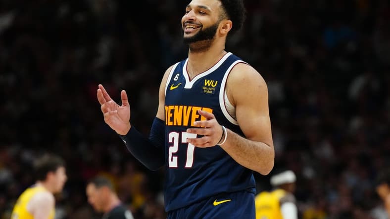 May 18, 2023; Denver, Colorado, USA; Denver Nuggets guard Jamal Murray (27) reacts in the third quarter against the Los Angeles Lakers during game two of the Western Conference Finals for the 2023 NBA playoffs at Ball Arena. Mandatory Credit: Ron Chenoy-USA TODAY Sports