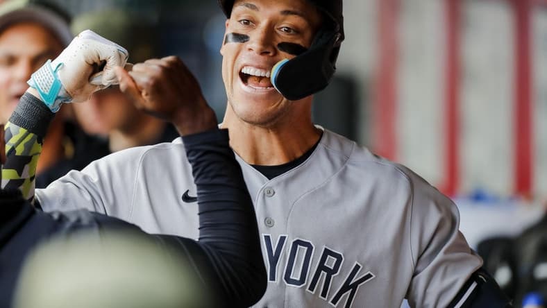 May 19, 2023; Cincinnati, Ohio, USA; New York Yankees right fielder Aaron Judge (99) celebrates after hitting a solo home run in the first inning against the Cincinnati Reds at Great American Ball Park. Mandatory Credit: Katie Stratman-USA TODAY Sports